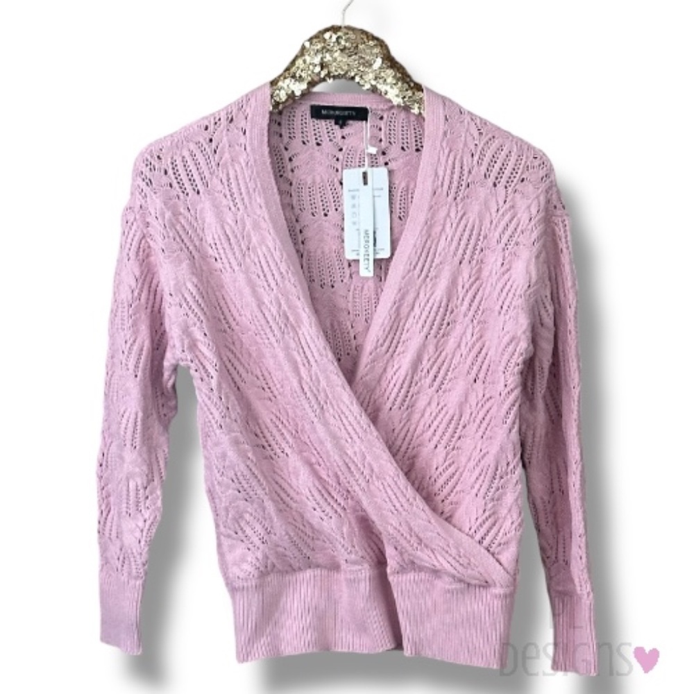 Merokeety Wrap V Crochet Knit Pullover Sweater V-Neck Pink